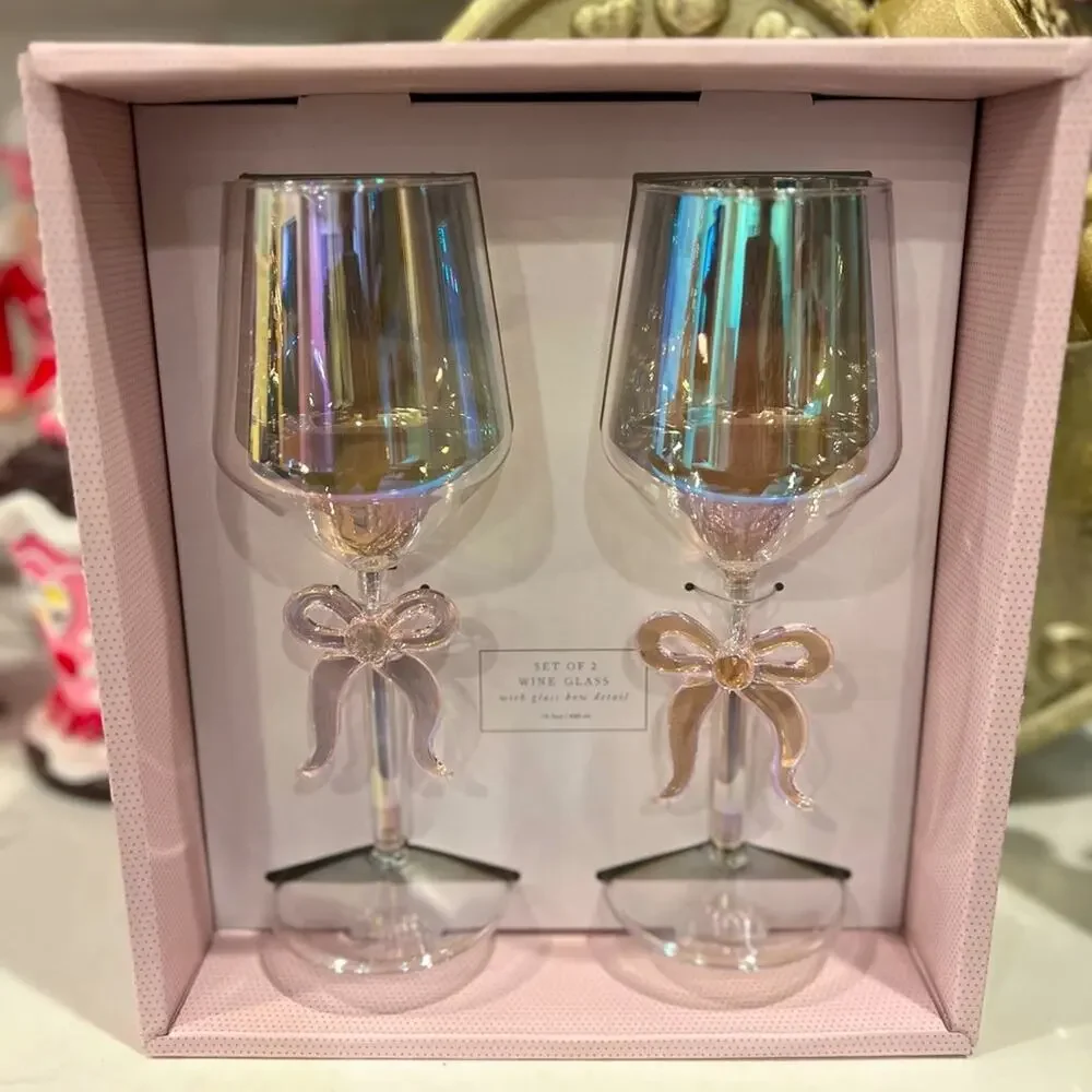 Viral Cupcakes & Cashmere Iridescent Bow Wine Glass Set Pink Coquette